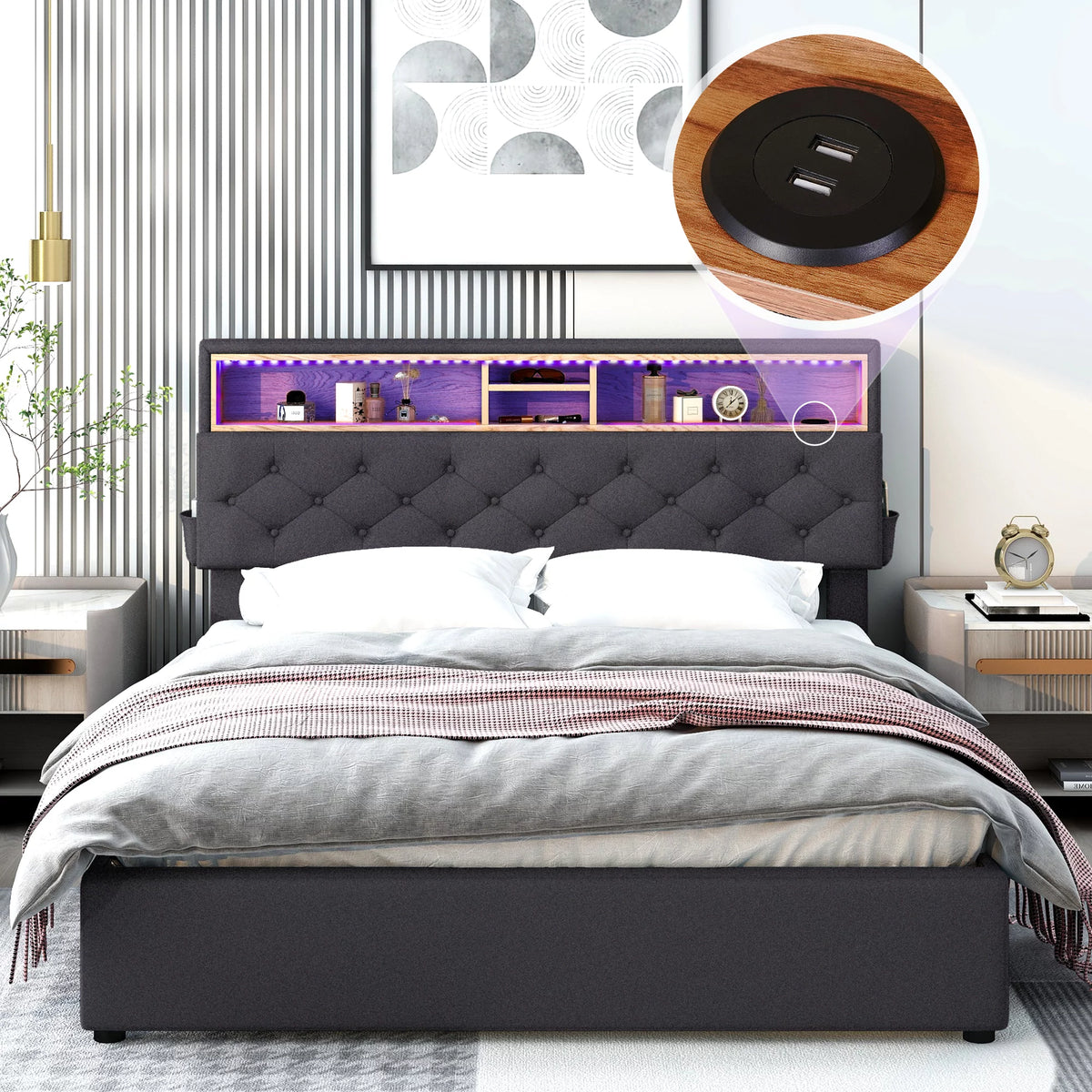 Queen Size Upholstered Platform Bed with Storage Headboard and 2 Drawers Z76837