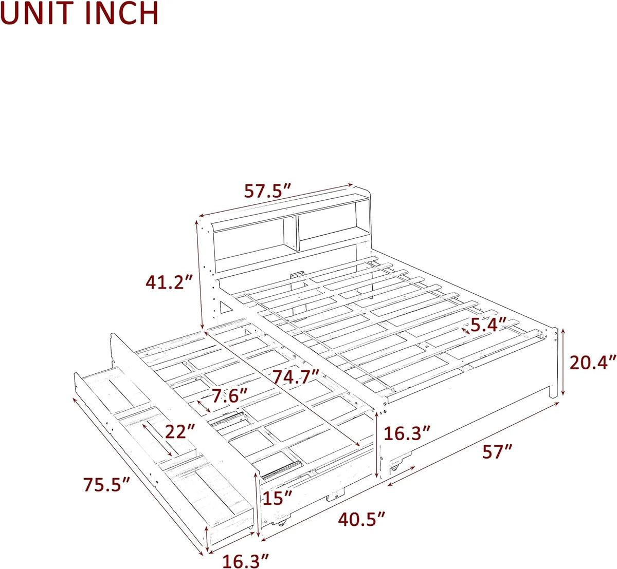 Full Size Solid Wood Platform Bed with Trundle, Drawers, and Bookcase Headboard H97366