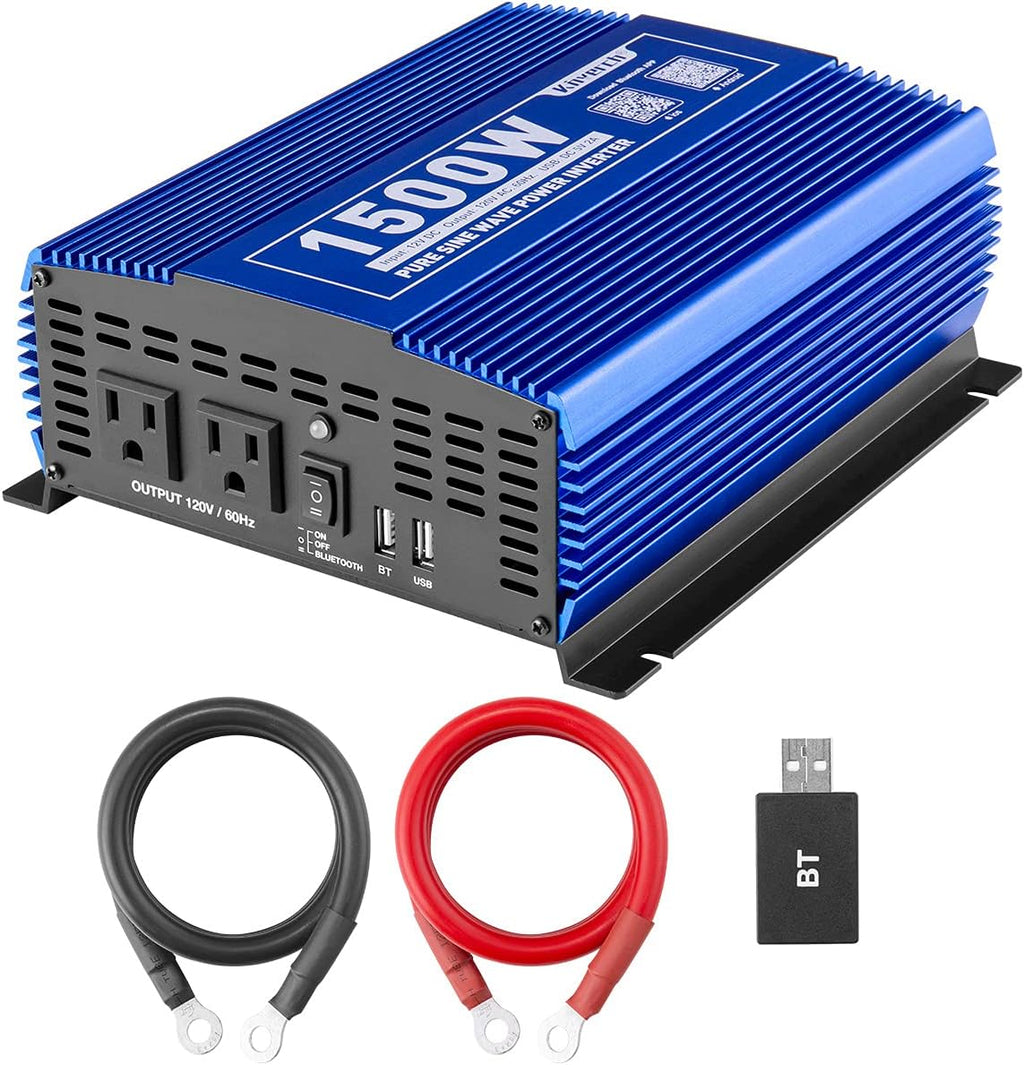 1500W Pure Sine Wave Power Inverter 12V DC to 110V AC with Bluetooth G431