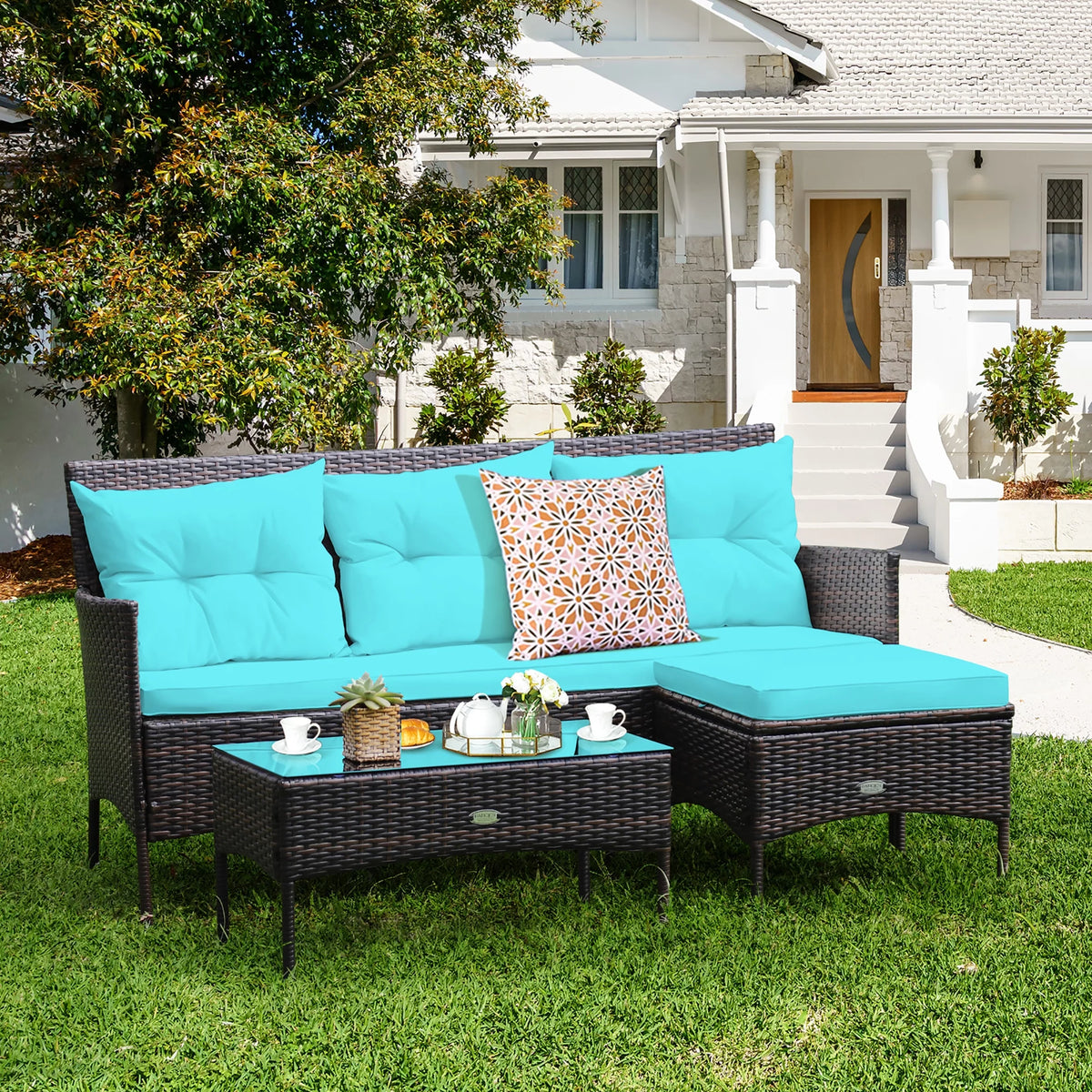 3 Pc Cushioned Patio Rattan Sofa Set C82542