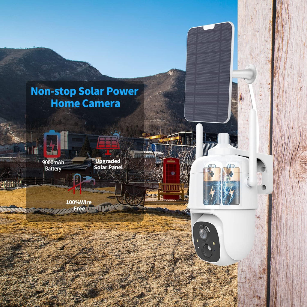 Wire-Free Solar Security Camera Outdoor with Night Vision Spotlight Pan Tilt PIR Motion Detection Two-Way Talk E9803