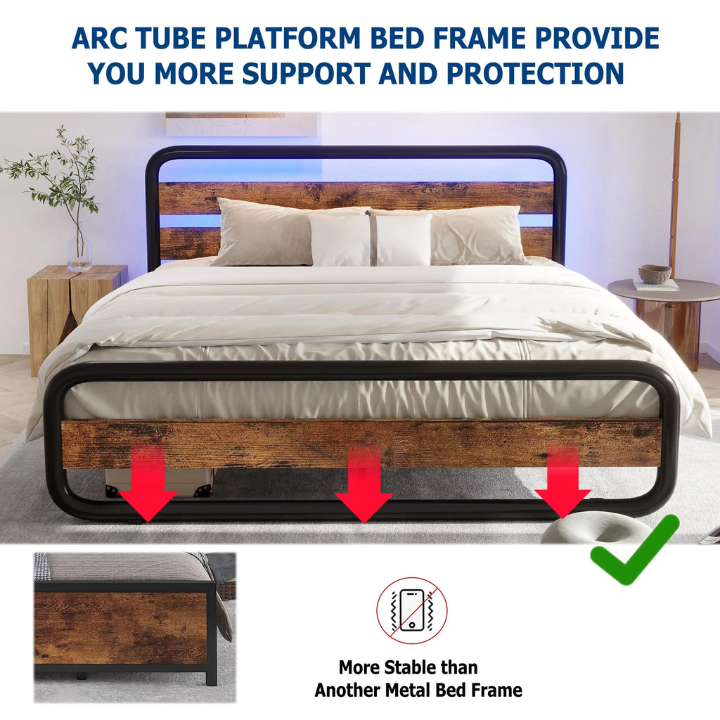 Queen Size Metal Platform Bed Frame with LED Headboard and Under-Bed Storage T18262