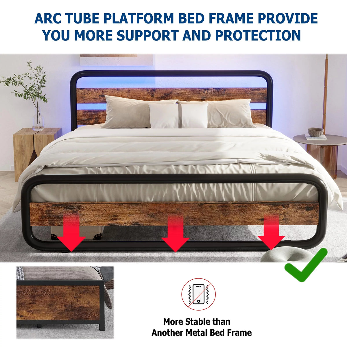 Queen Size Metal Platform Bed Frame with LED Headboard and Under-Bed Storage T18262