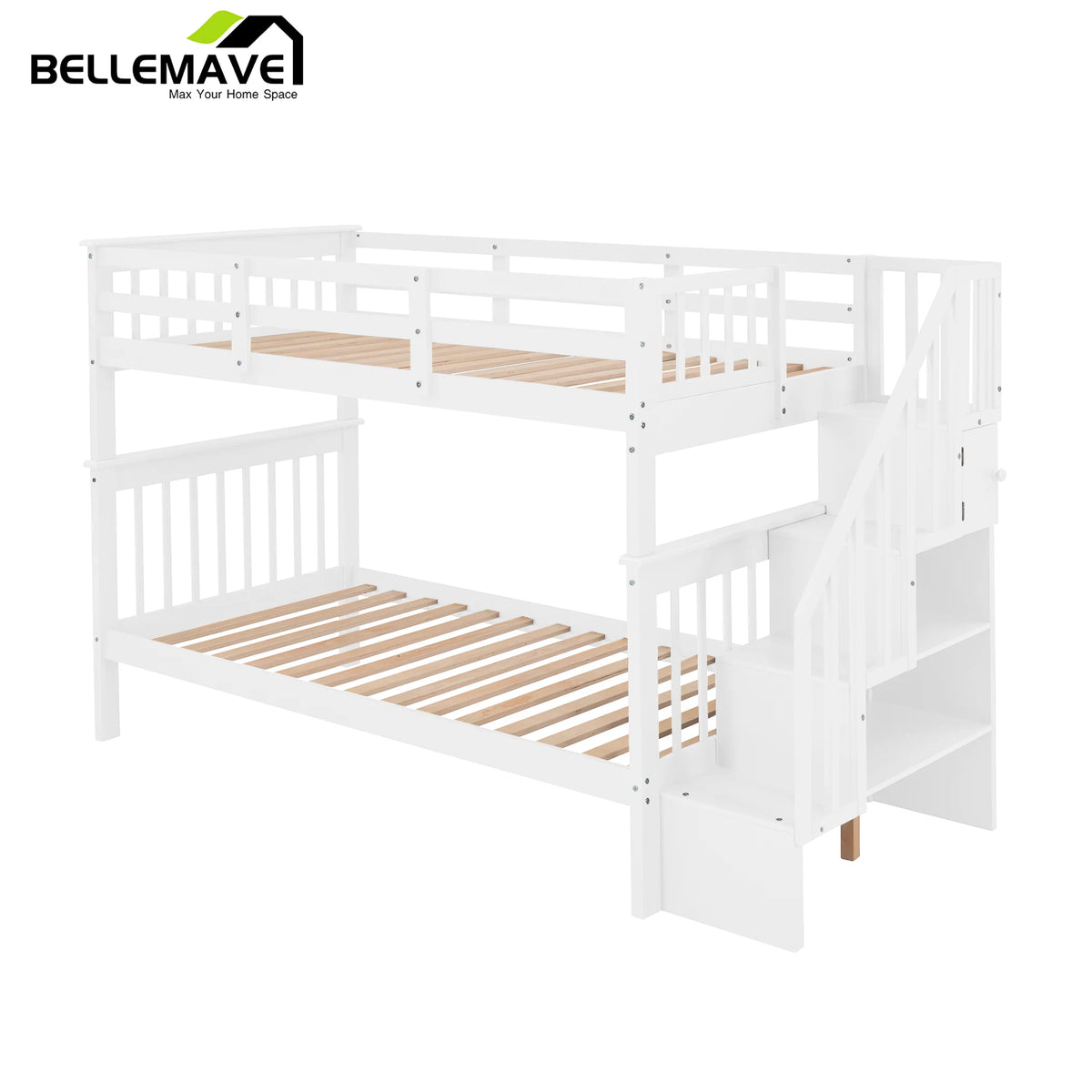 Twin Over Twin Bunk Bed with Storage Stairs and Guardrail, White U659