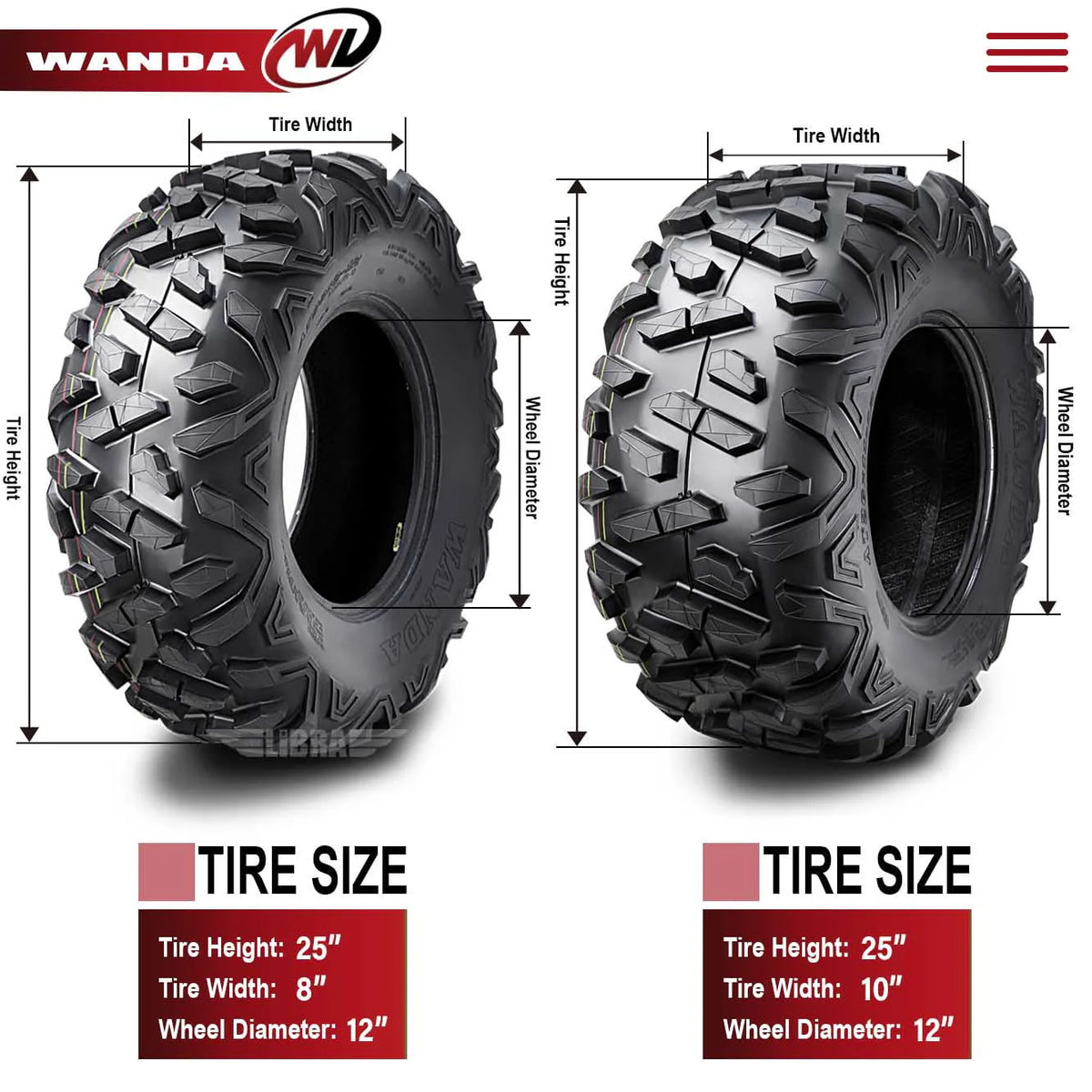 25x8-12 Front & 25x10-12 Rear ATV/UTV Tires Set 4 B991596
