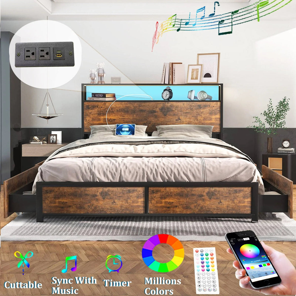 Full LED Bed Frame with Storage Headboard 4 Drawers K514725