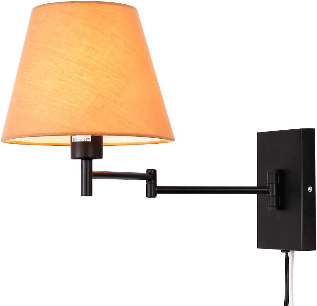 Swing Arm Wall Lamp Plug-in Cord Linen Shade B4985