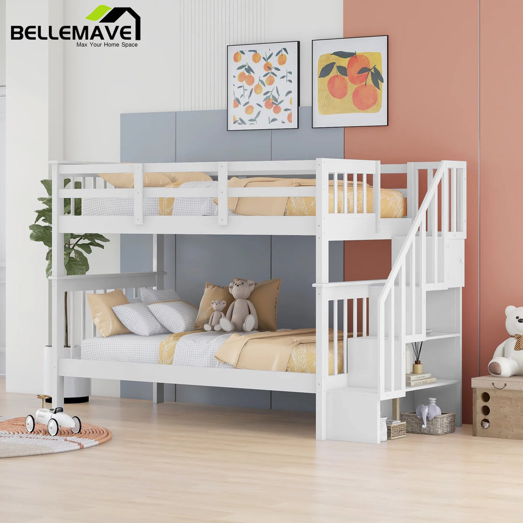 Twin Over Twin Bunk Bed with Storage Stairs and Guardrail, White U659