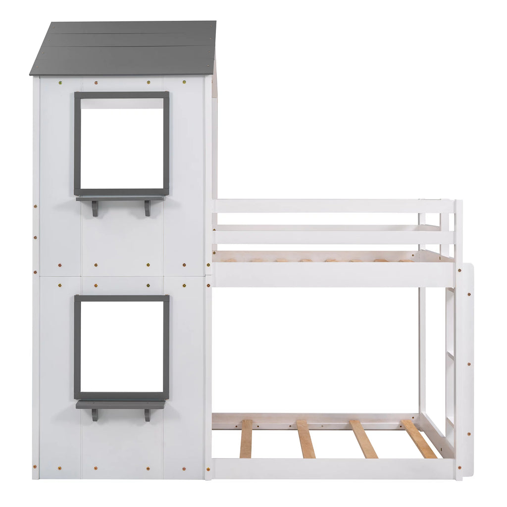 Wood Twin Over Twin Bunk Bed with Roof and Ladder K685537