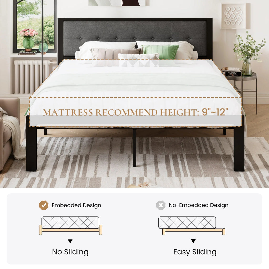 Black King Size Metal Platform Bed Frame with Fabric Headboard Q1626