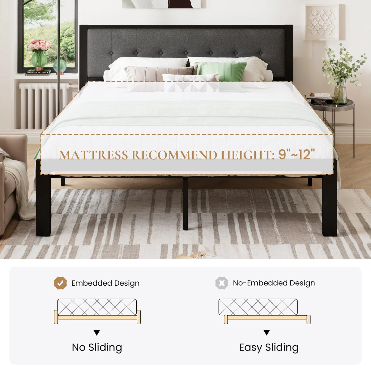 Black King Size Metal Platform Bed Frame with Fabric Headboard Q1626