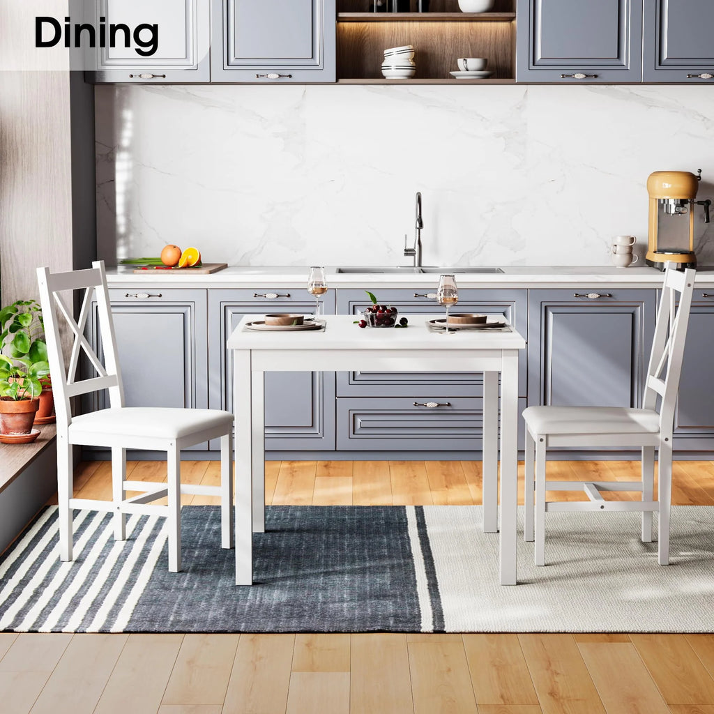 3 Piece Pine Wood Dining Table Set with 2 Upholstered Chairs V18473