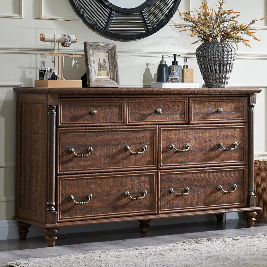 Dark Rustic Oak 7 Drawer Wood Dresser T77361