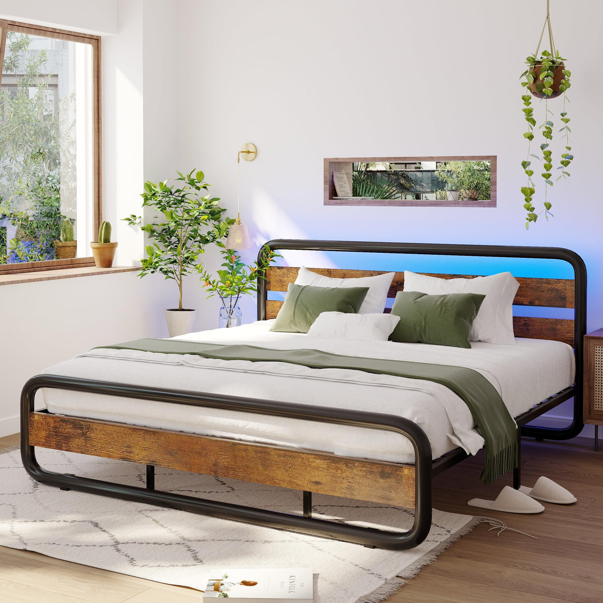 Queen Size Metal Platform Bed Frame with LED Headboard and Under-Bed Storage T18262
