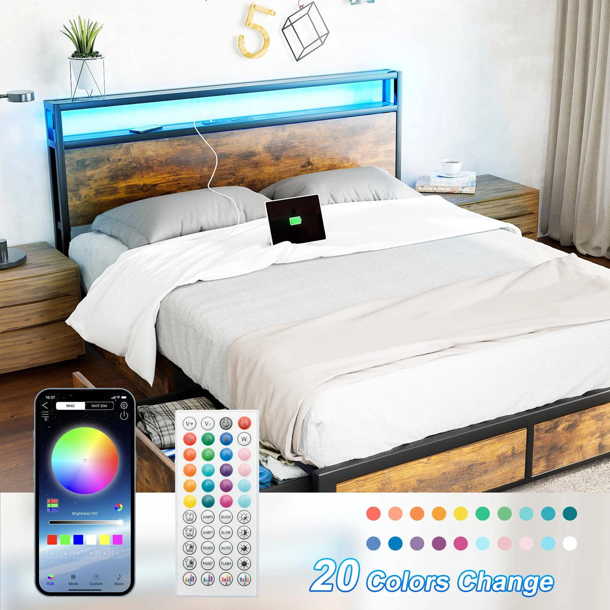 Full LED Bed Frame with Storage Headboard 4 Drawers K514725