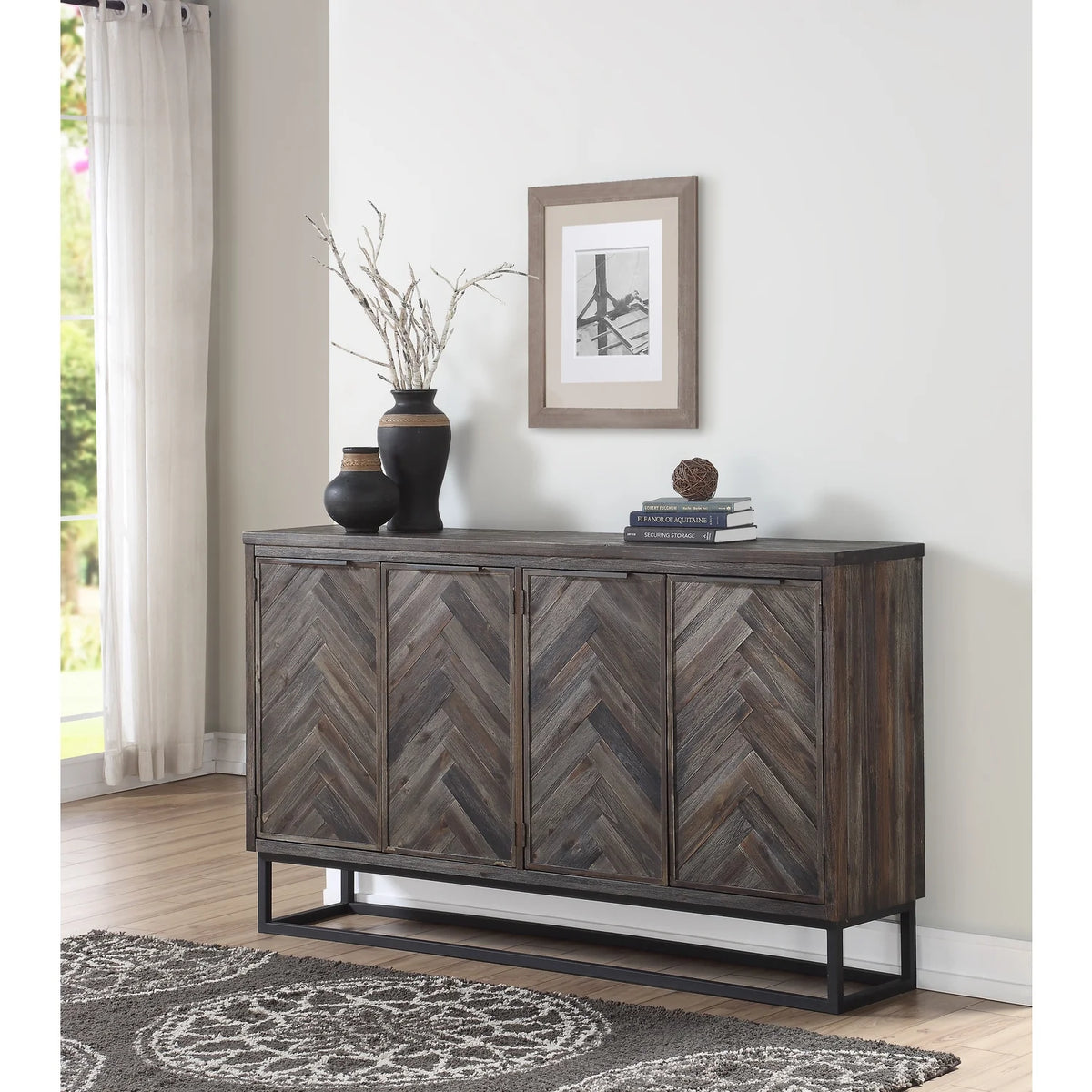 Solid Wood Herringbone 4-Door Credenza Z7833