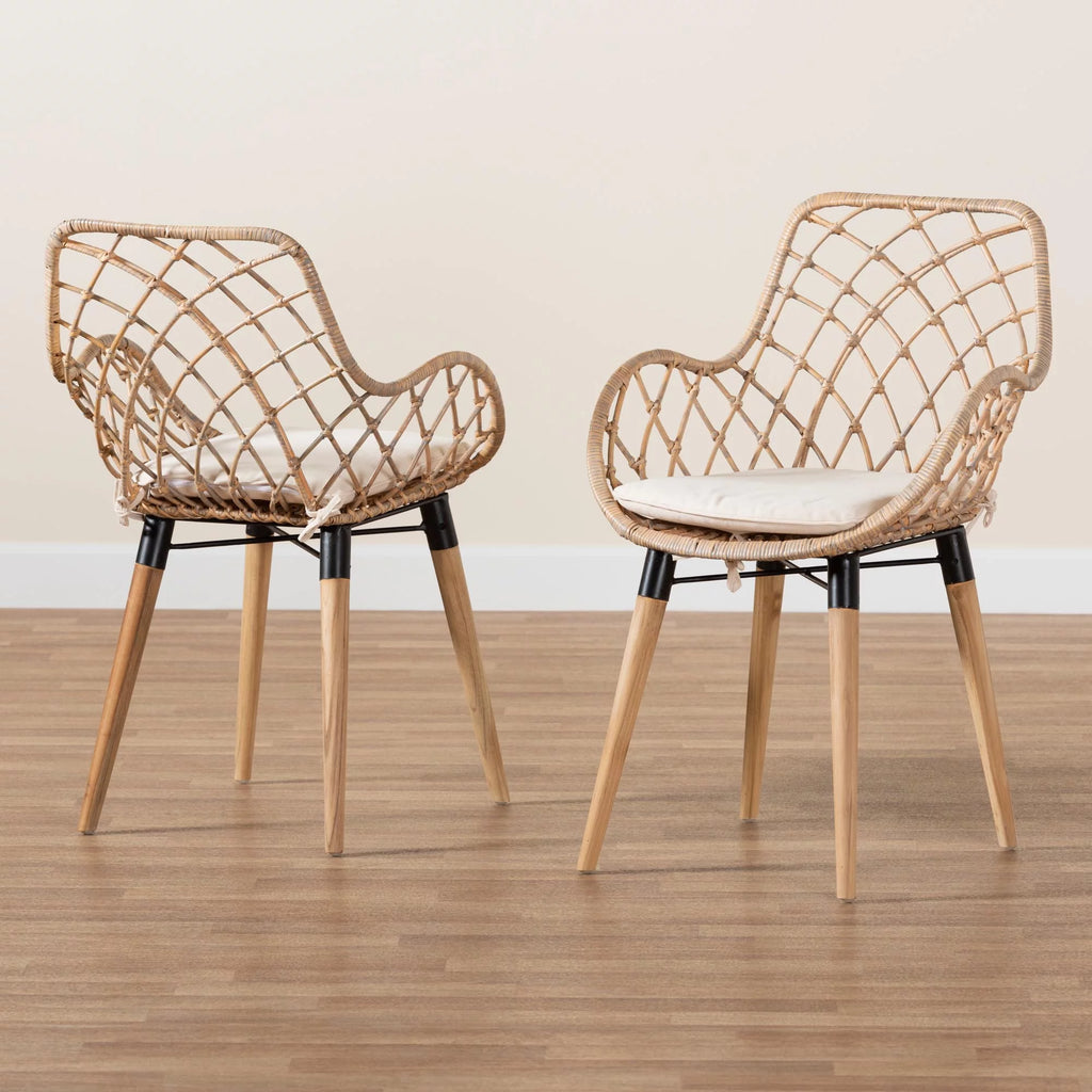 Natural Brown Teak Wood and Greywashed Rattan 2-Piece Dining Chair Set K2987