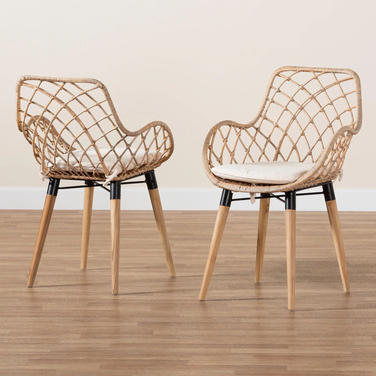 Natural Brown Teak Wood and Greywashed Rattan 2-Piece Dining Chair Set K2987