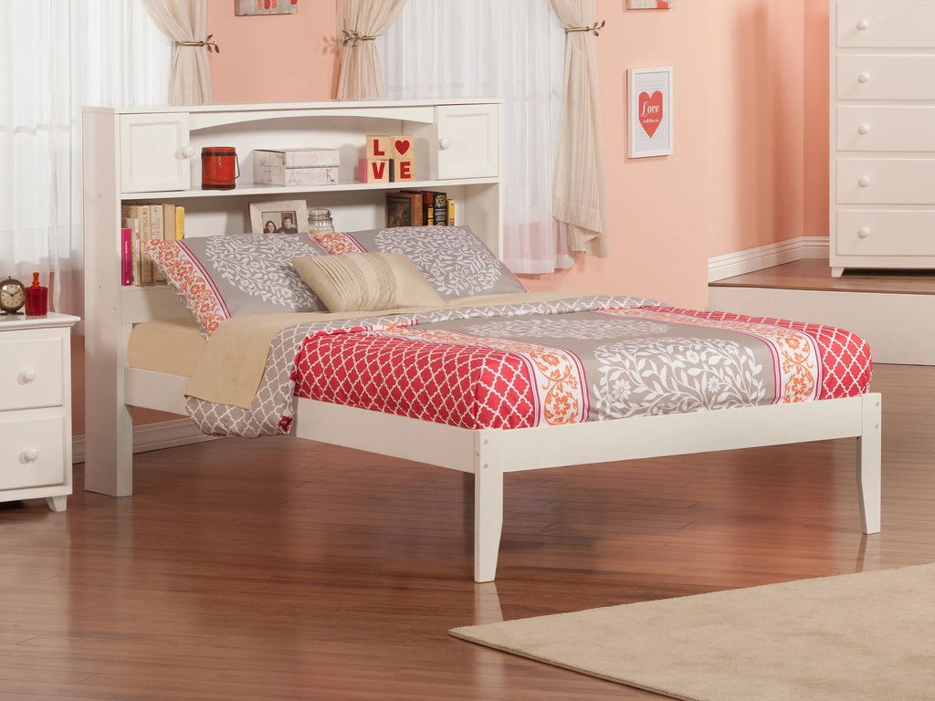 White Solid Wood Platform Bed with Storage Headboard Y8297