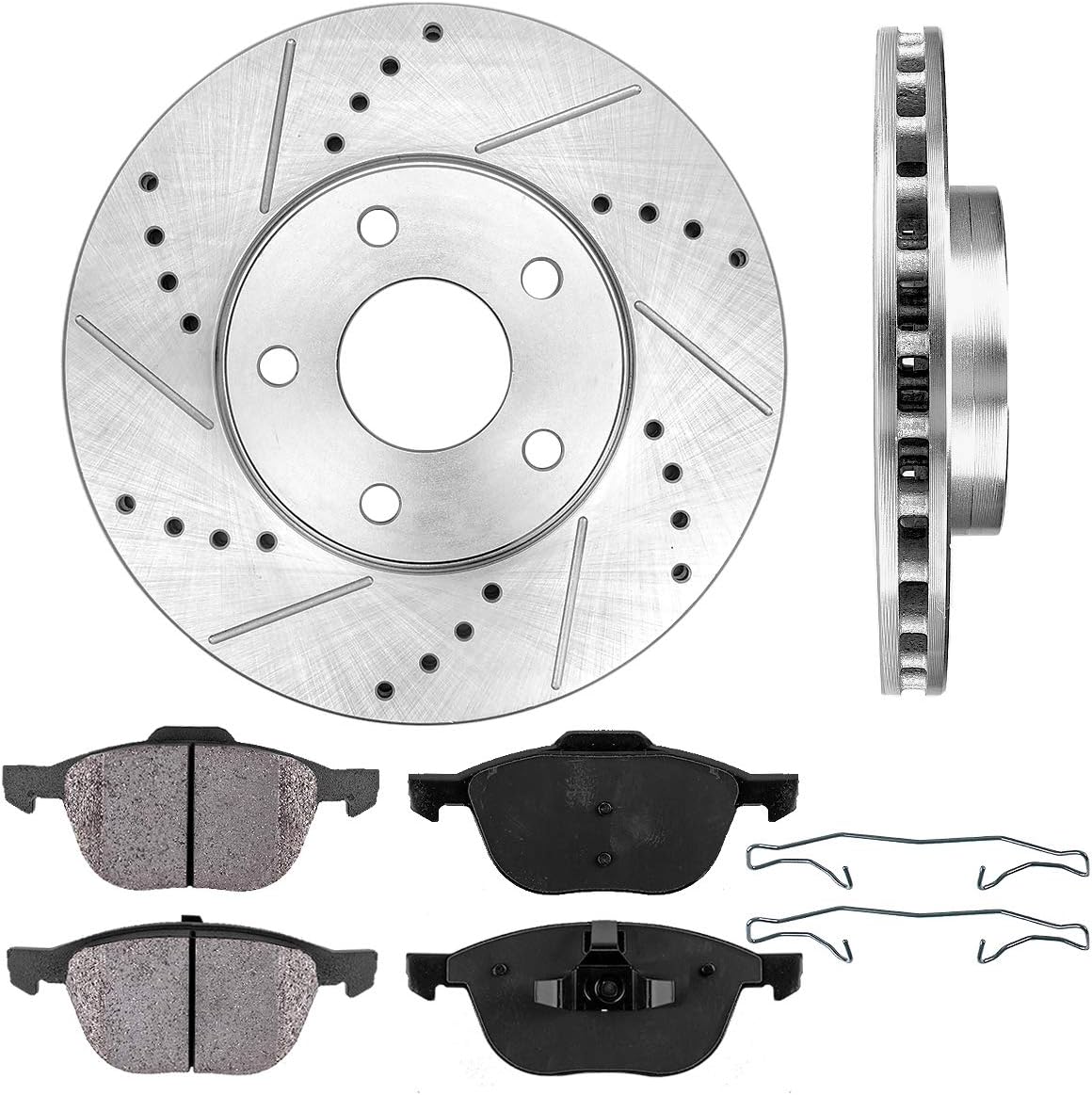 Front 278mm 5 Lug 2 Rotors Ceramic Brake Pads and Clips E57384