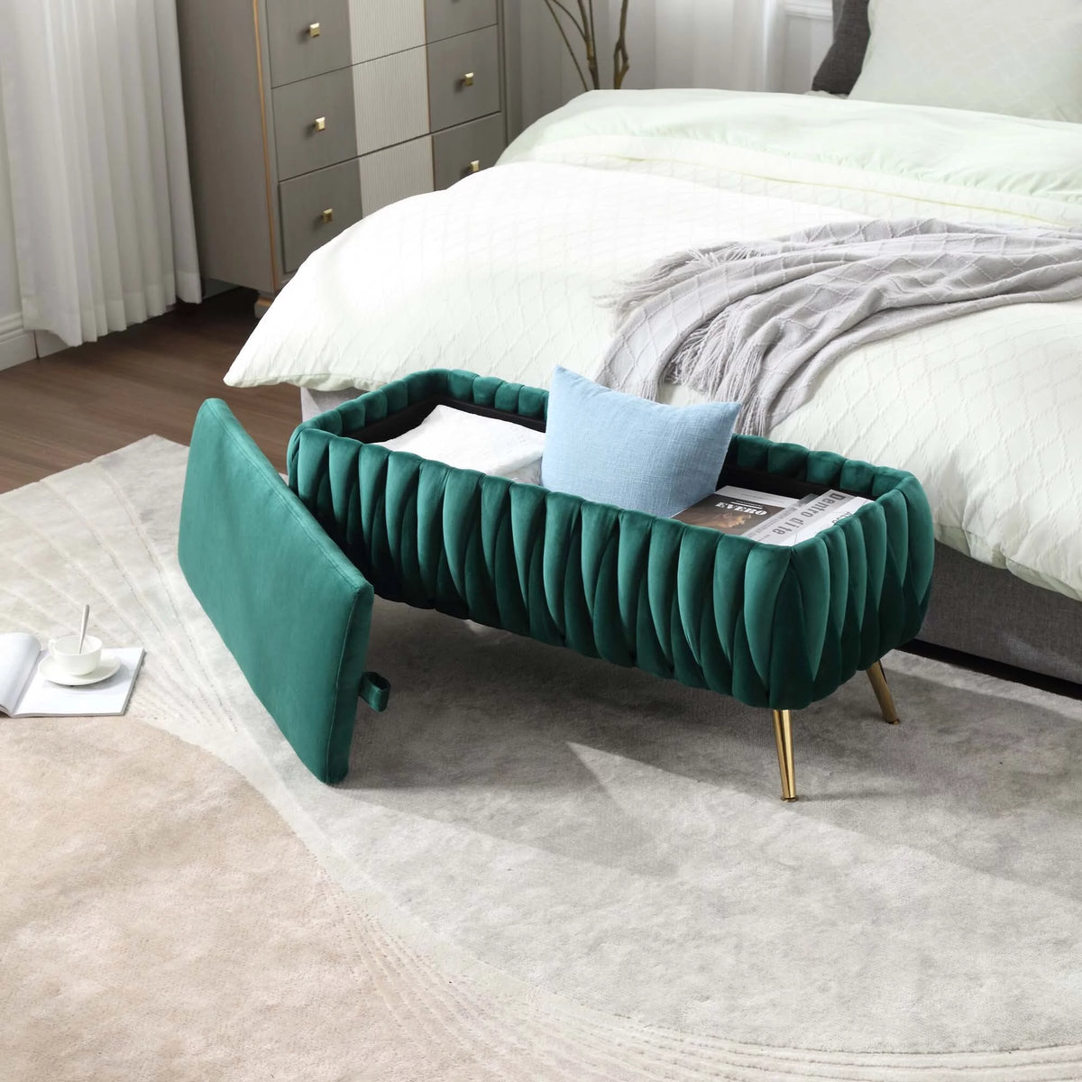 Green Velvet Storage Ottoman Bench with Handles G466546