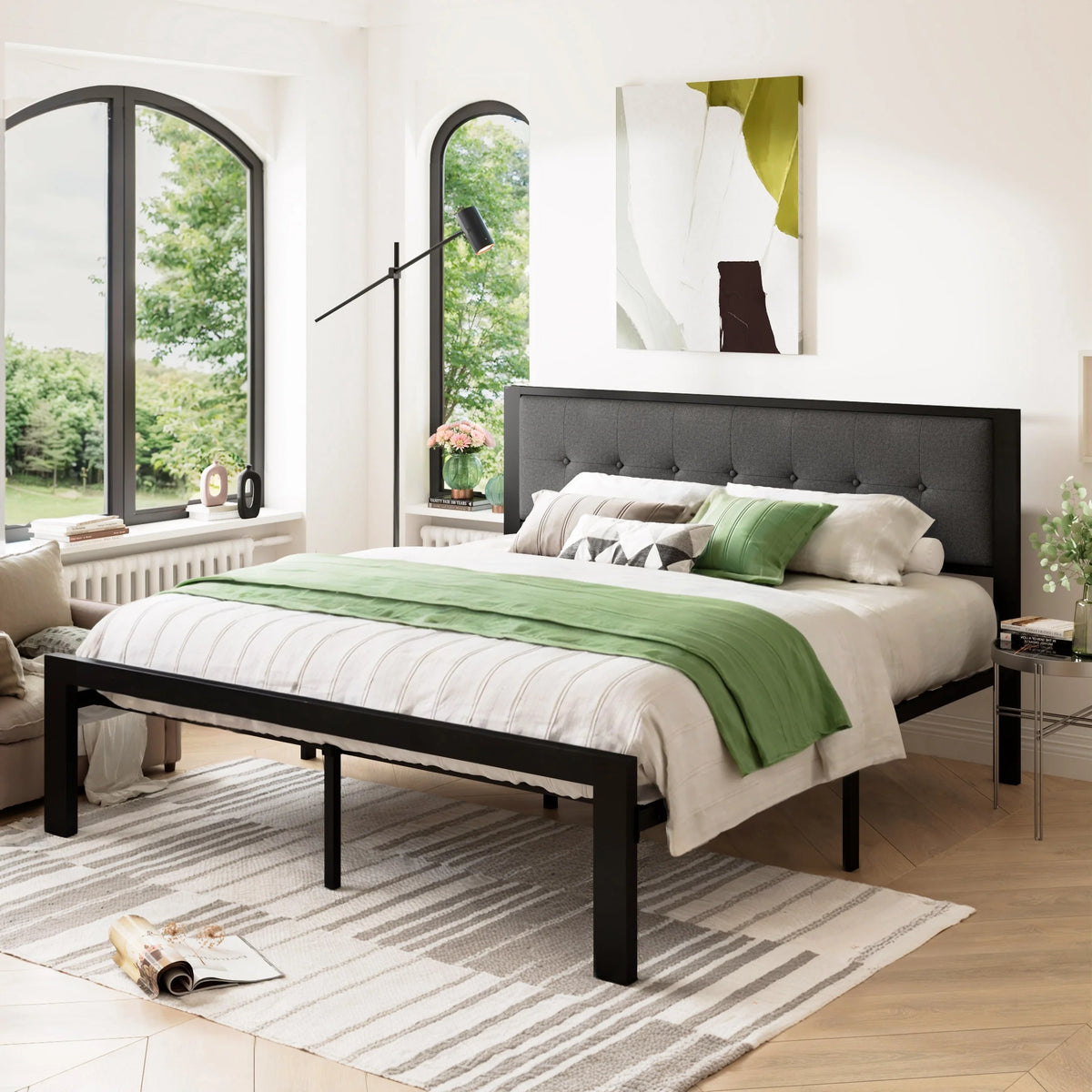 Black King Size Metal Platform Bed Frame with Fabric Headboard Q1626