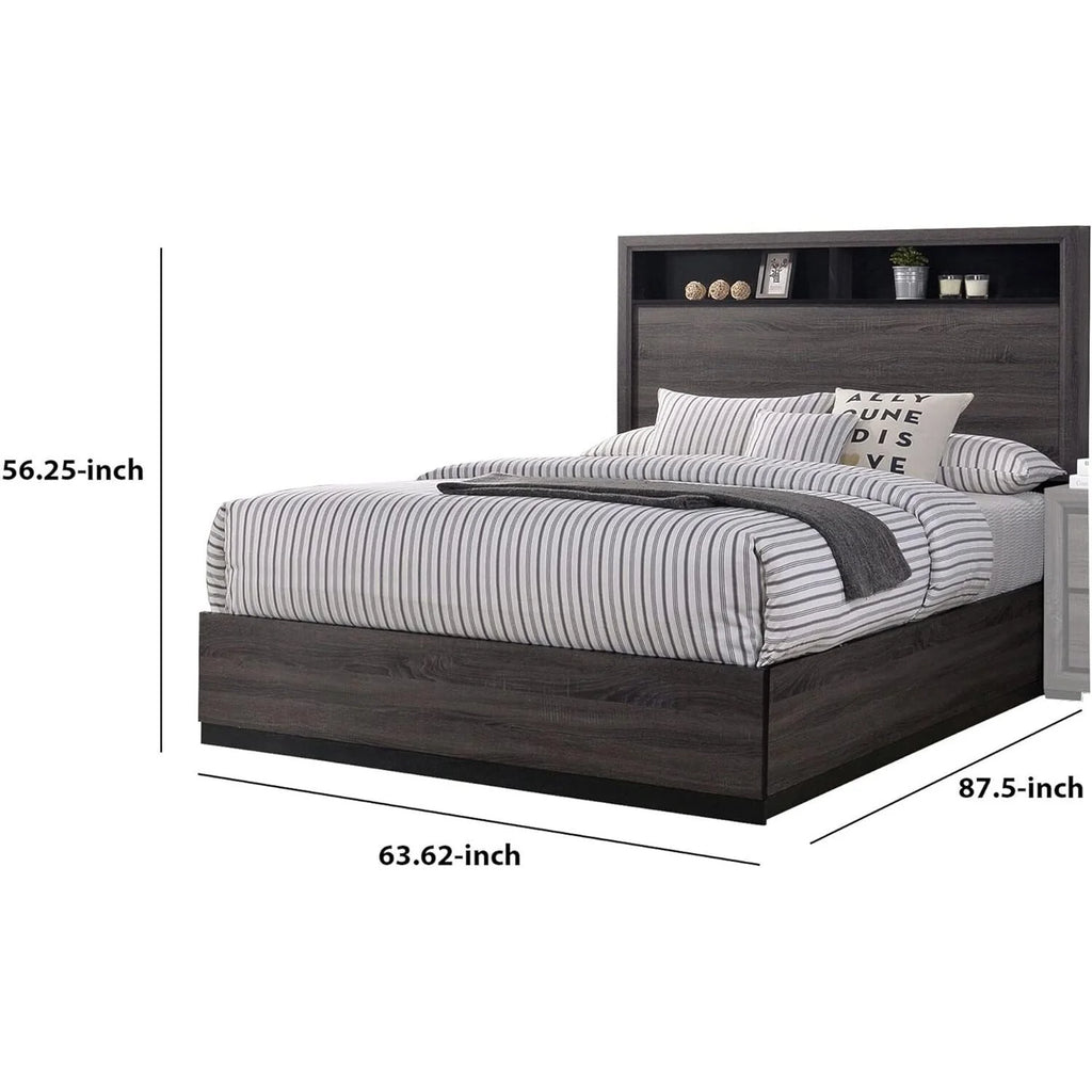 Gray Wooden Platform Bed with Bookcase Headboard M356