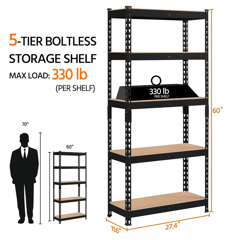 5-Shelf Adjustable Steel Storage Shelf Unit, Black, 2 Pack G11438