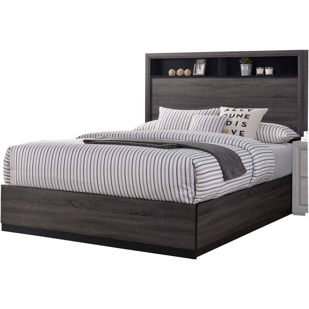 Gray Wooden Platform Bed with Bookcase Headboard M356