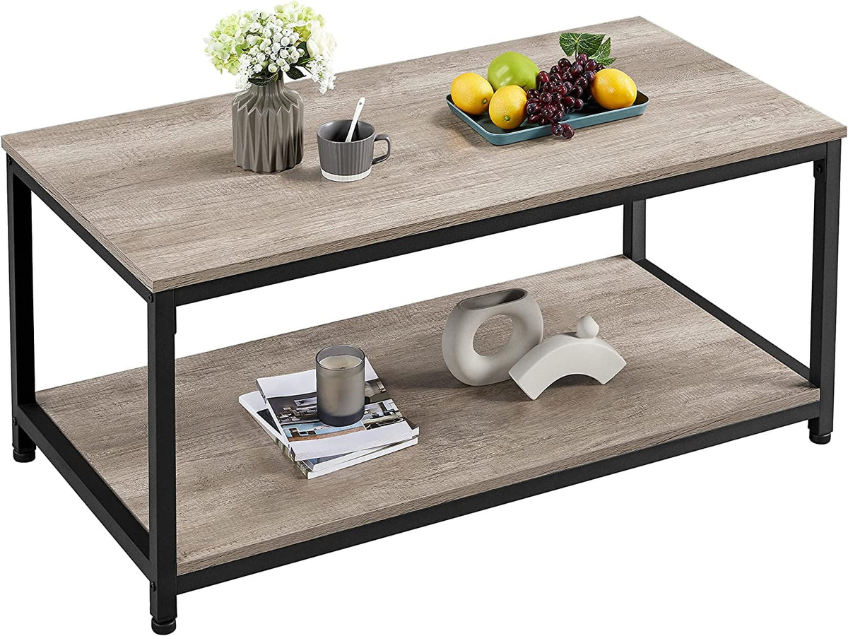 2-Tier Wood Coffee Table with Storage Shelf Metal Frame N558
