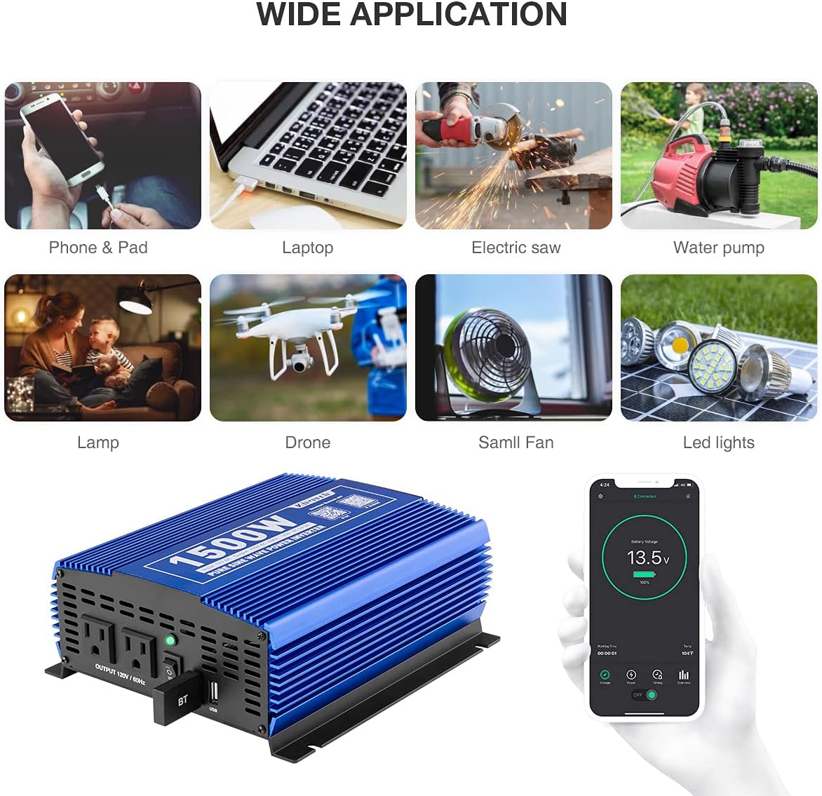 1500W Pure Sine Wave Power Inverter 12V DC to 110V AC with Bluetooth G431
