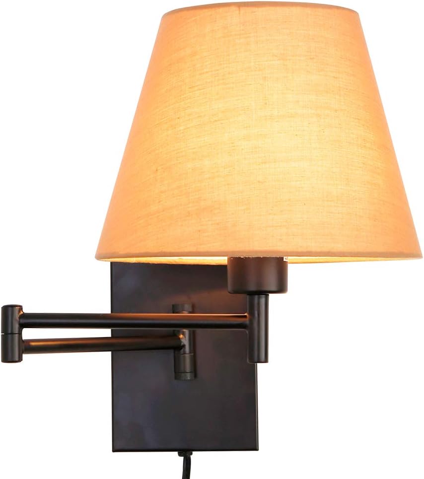 Swing Arm Wall Lamp Plug-in Cord Linen Shade B4985