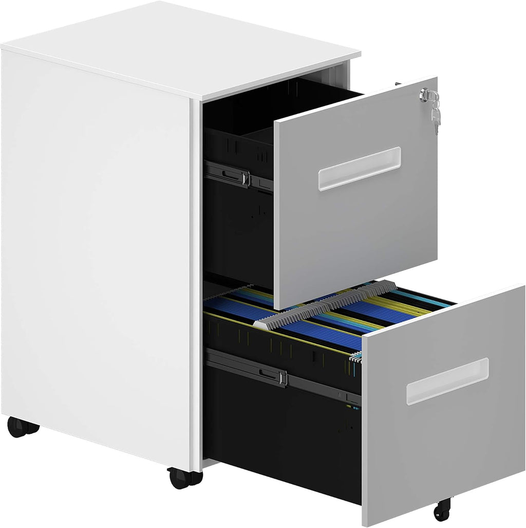 White 2-Drawer Mobile File Cabinet with Lock W6158