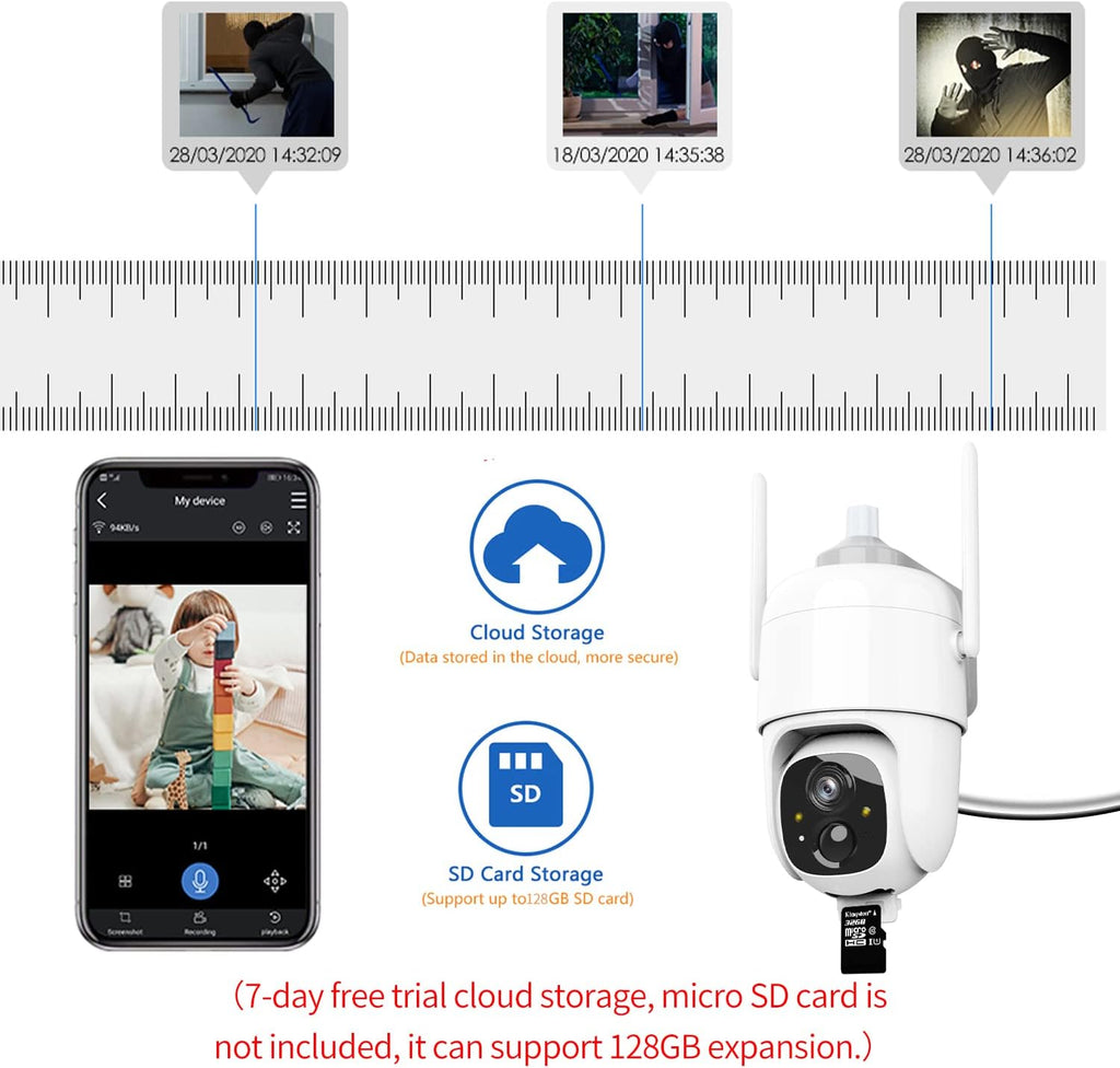 Wire-Free Solar Security Camera Outdoor with Night Vision Spotlight Pan Tilt PIR Motion Detection Two-Way Talk E9803