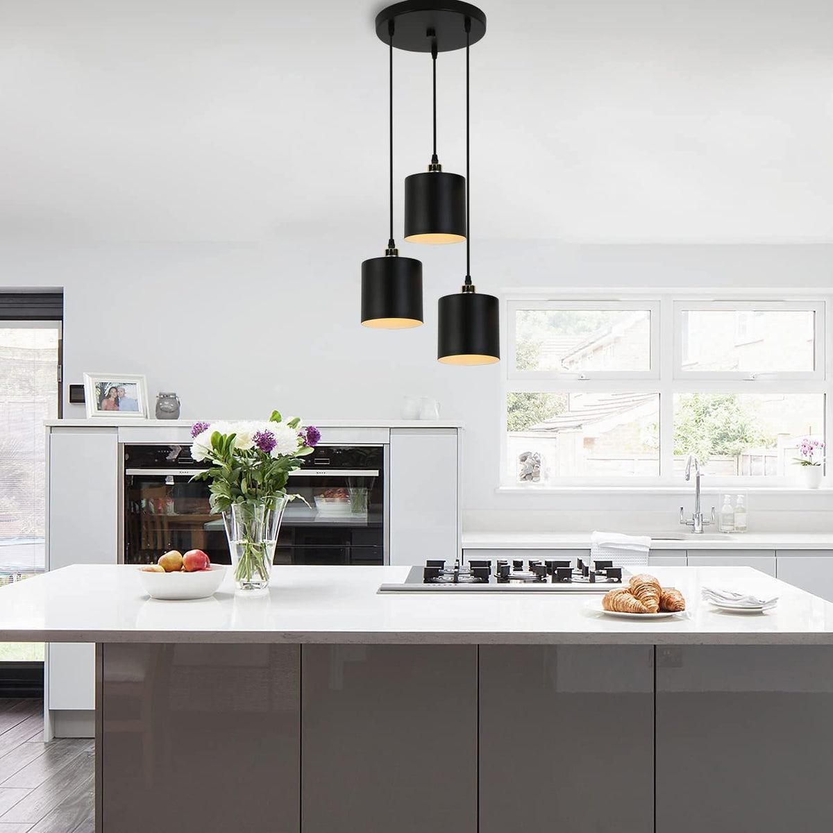 3-Light Modern Kitchen Island Lighting with Cylindrical Metal Lampshade C7342
