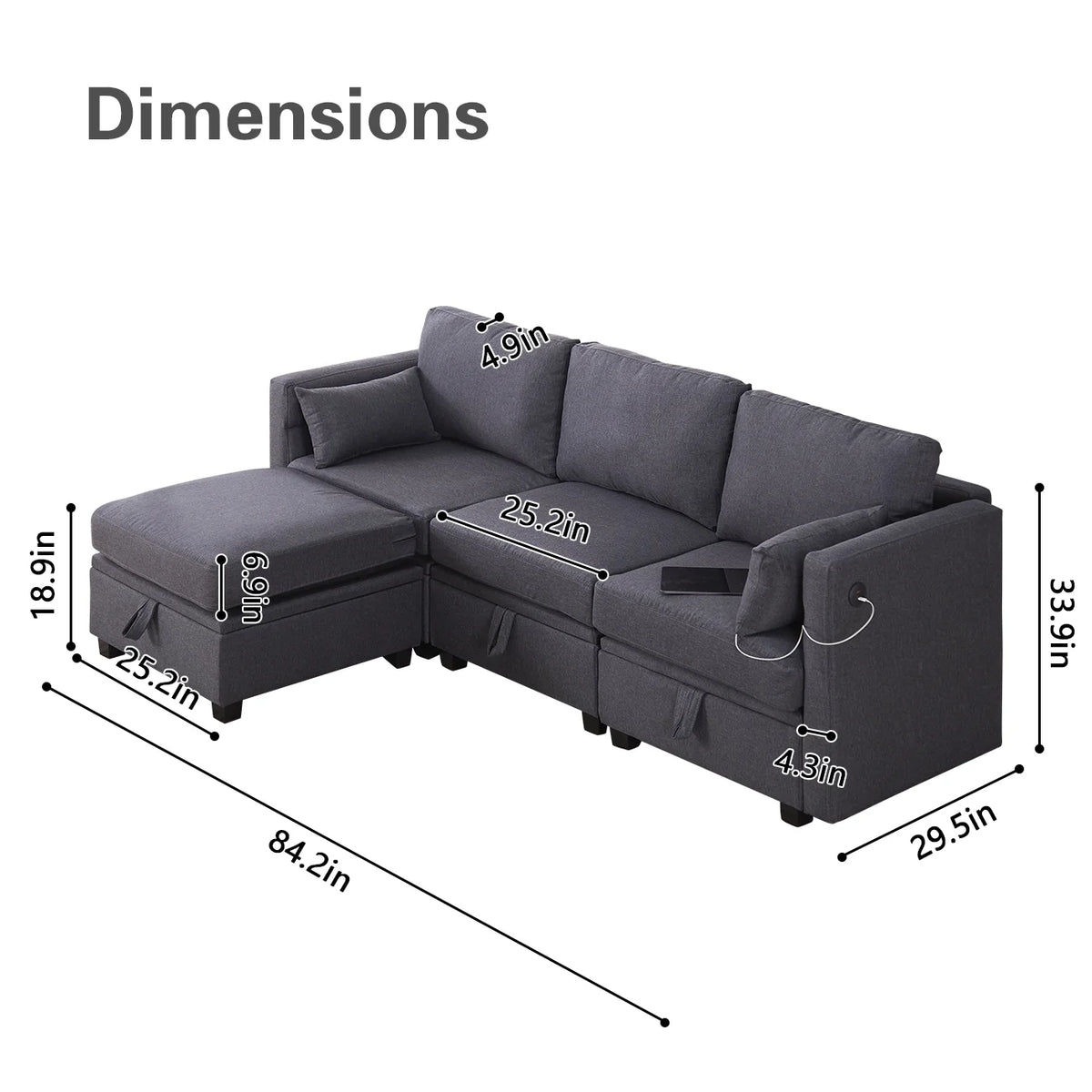 Dark Gray L-Shaped Sectional Sofa with Chaise B98473