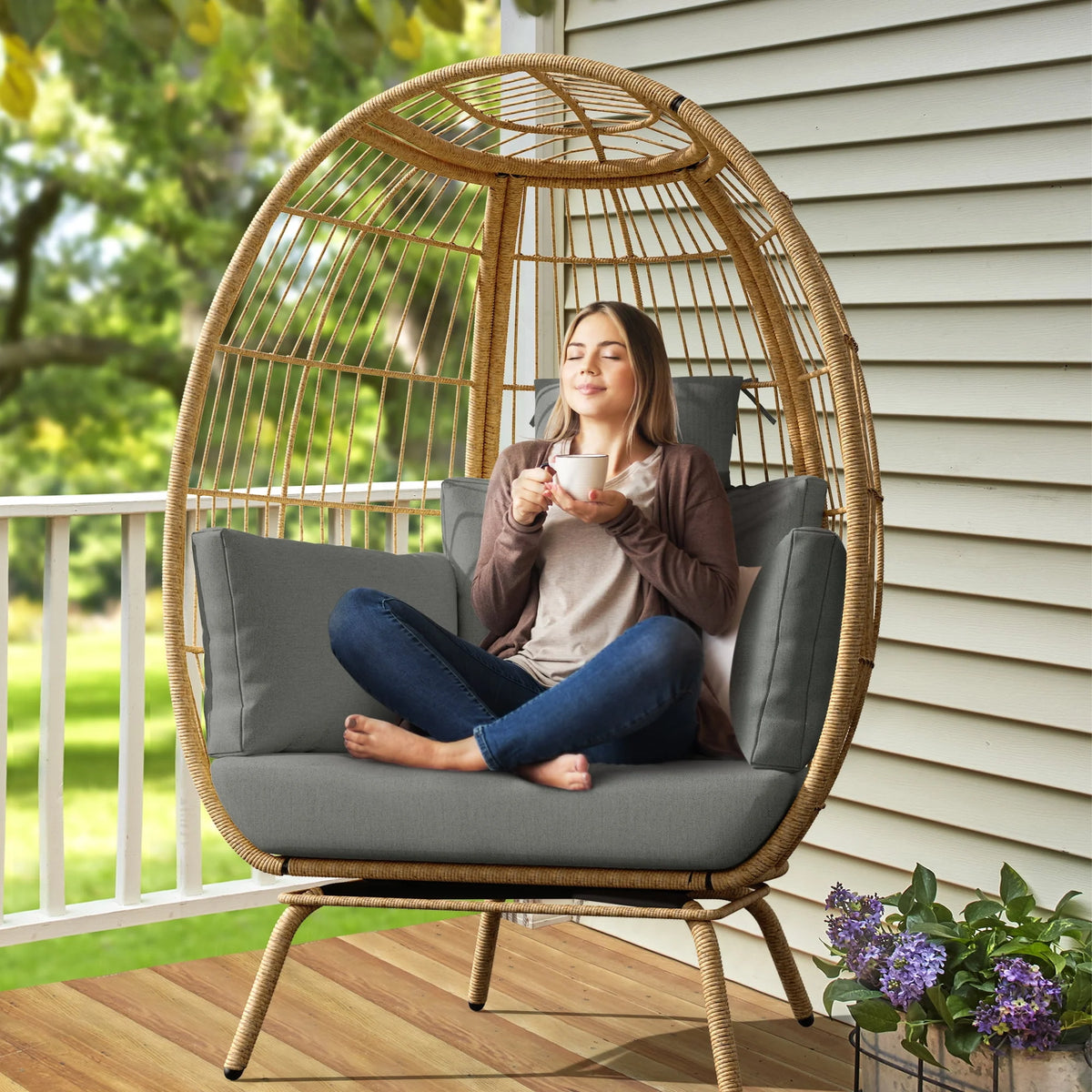 Large Wicker Egg Chair with Stand Cushion Grey A61095