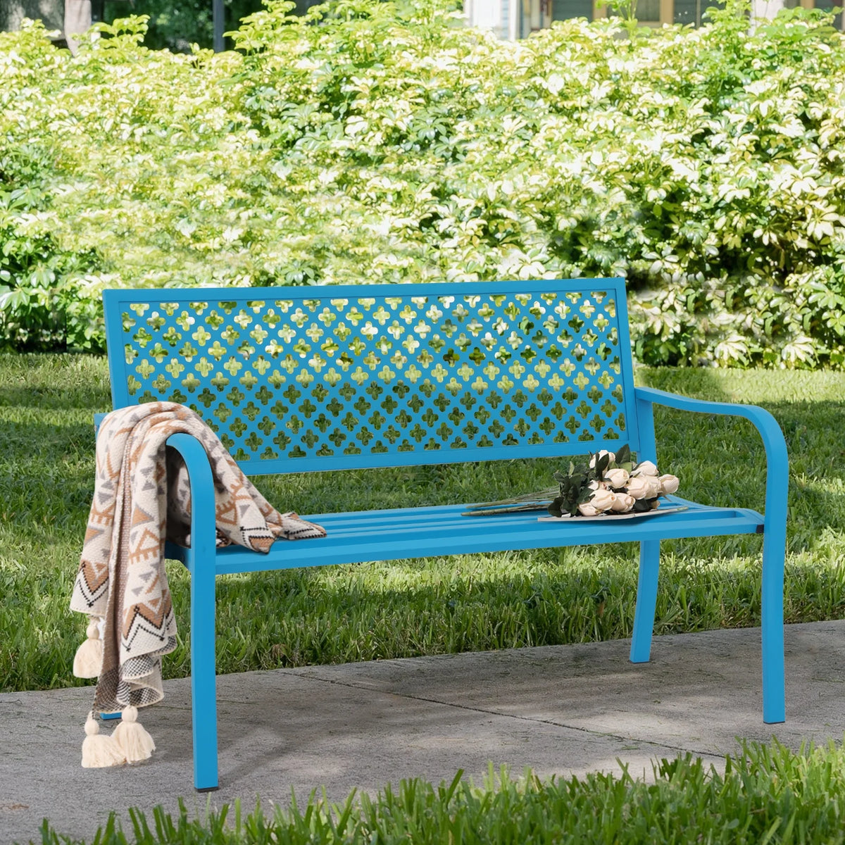 Blue 50in Metal Outdoor Garden Bench with Armrest I971095