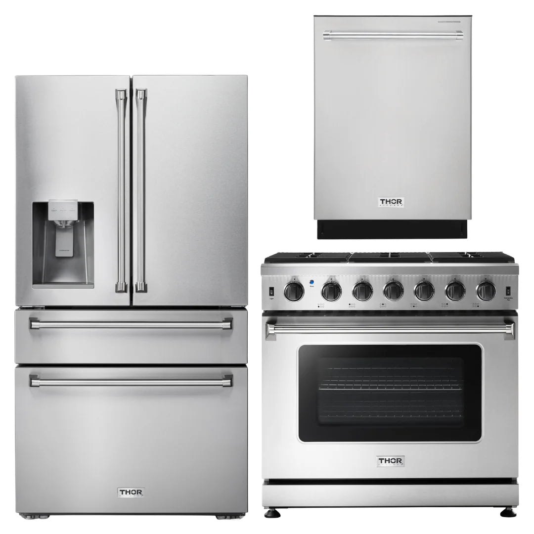36 Propane Gas Range, Refrigerator with Water and Ice Dispenser, Dishwasher T769699