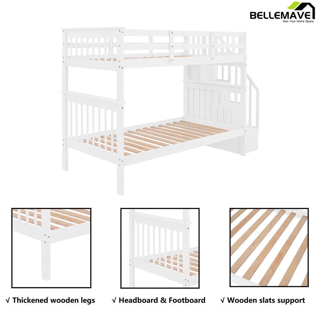 Twin Over Twin Bunk Bed with Storage Stairs and Guardrail, White U659