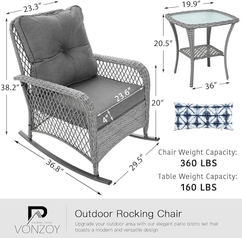 3 Piece Wicker Rocking Patio Furniture Set with Cushions and Coffee Table O6760