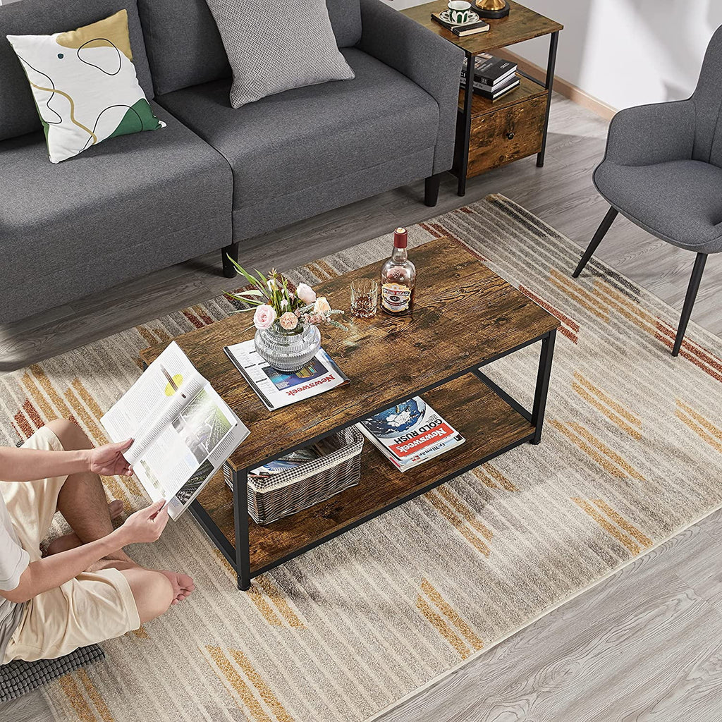 2-Tier Wood Coffee Table with Storage Shelf Metal Frame N558