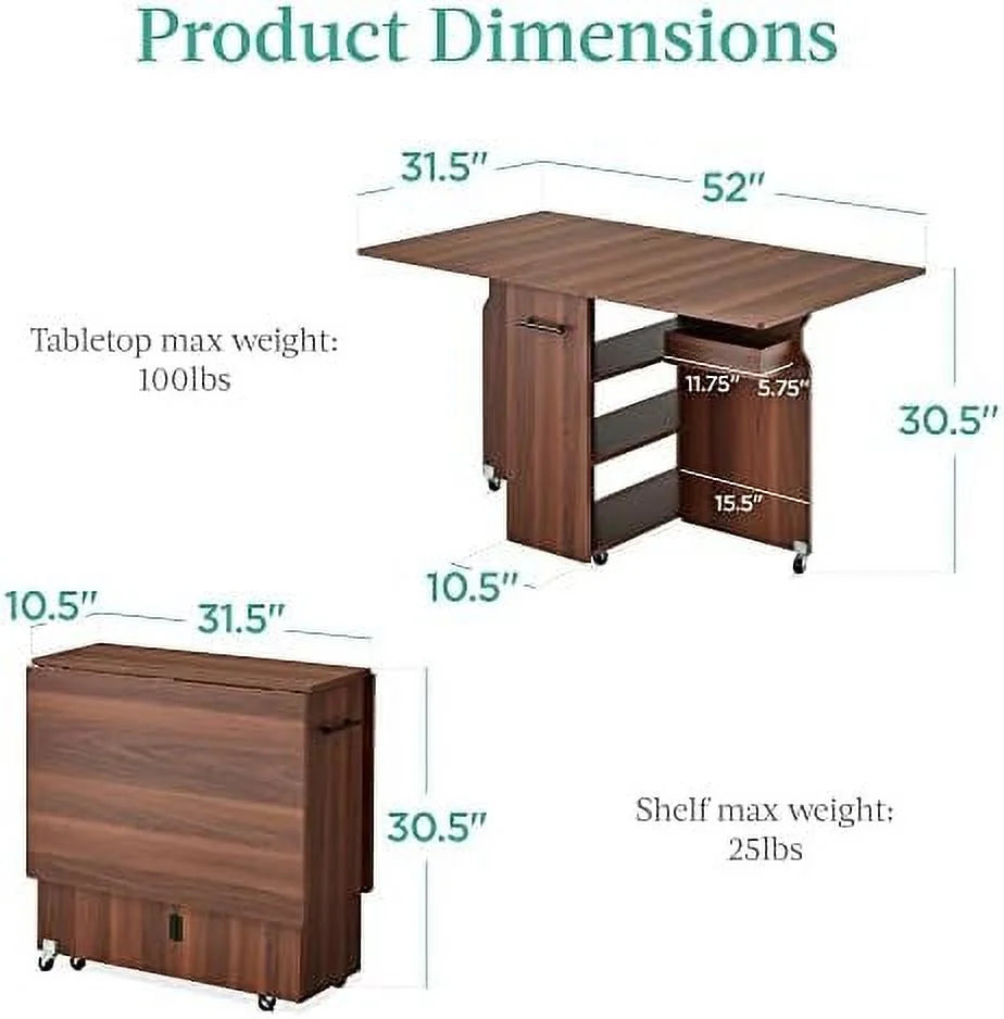 Folding Dining Table with Wheels 3 Shelves Brown D5789