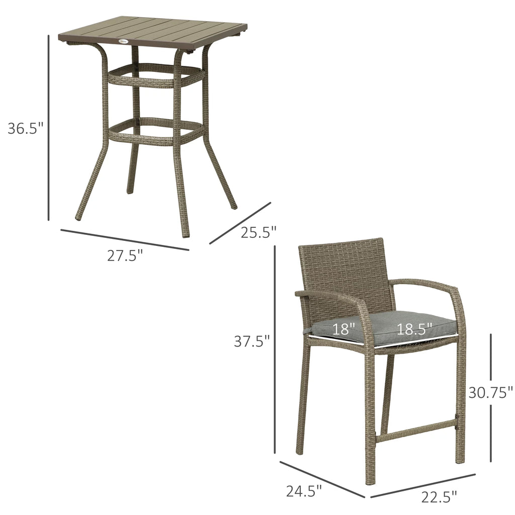 3 PCS Grey Rattan Wicker Bar Set with Wood Grain Top Table and 2 Bar Stools B91126