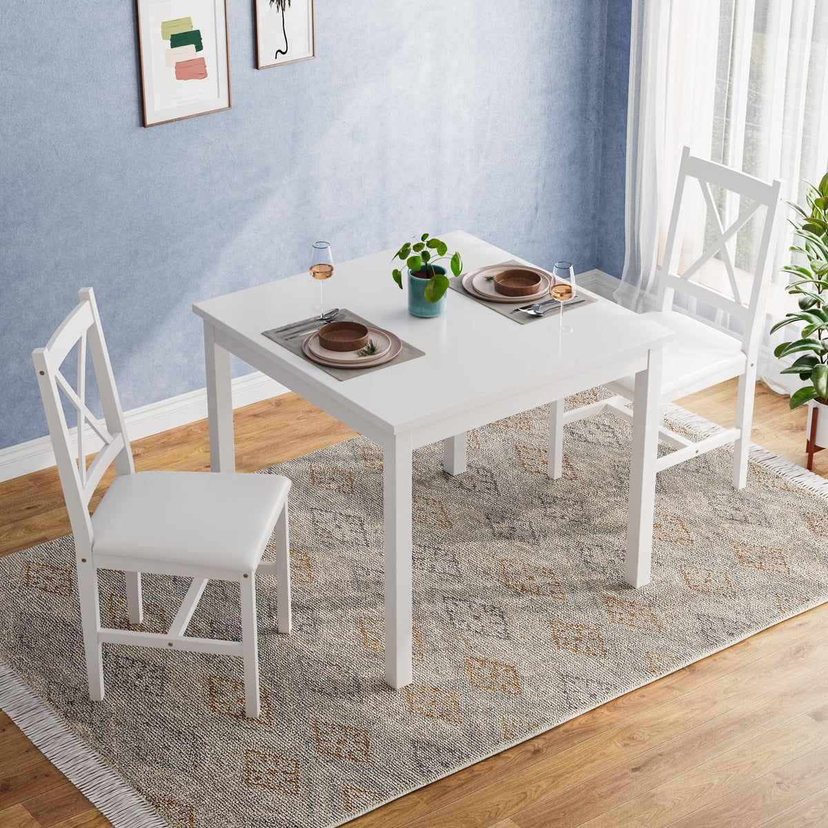 3 Piece Pine Wood Dining Table Set with 2 Upholstered Chairs V18473