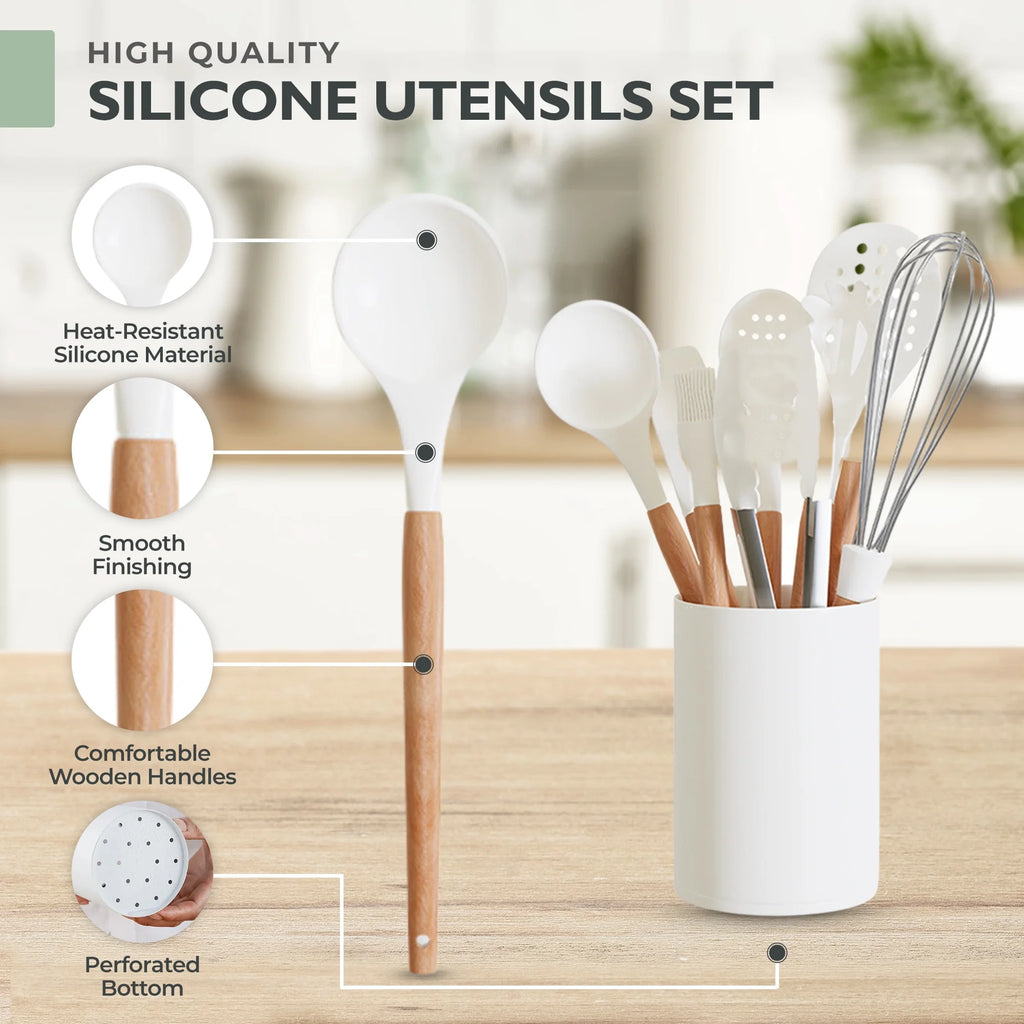 White 11 Pc Silicone Kitchen Utensils Set with Holder Z687