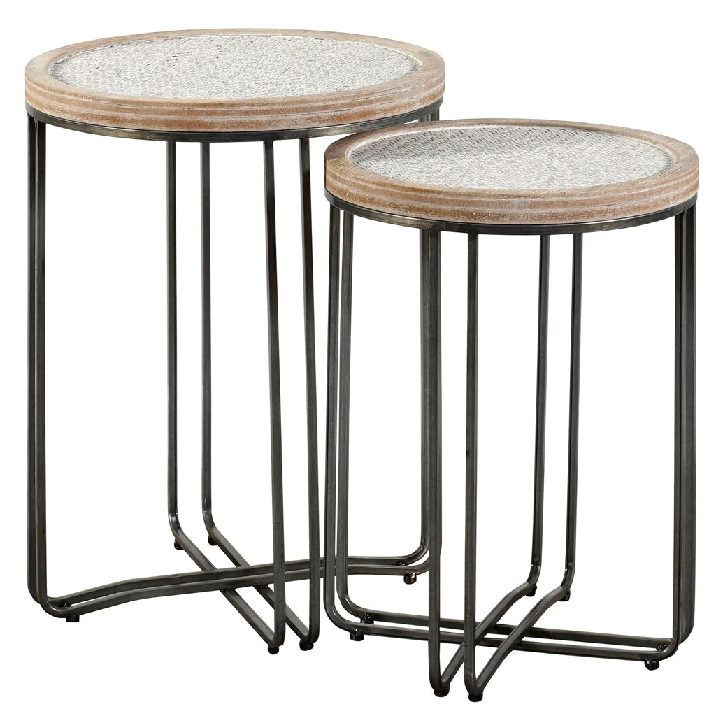Round Metal and Fir Wood Tables Set of 2 F439620