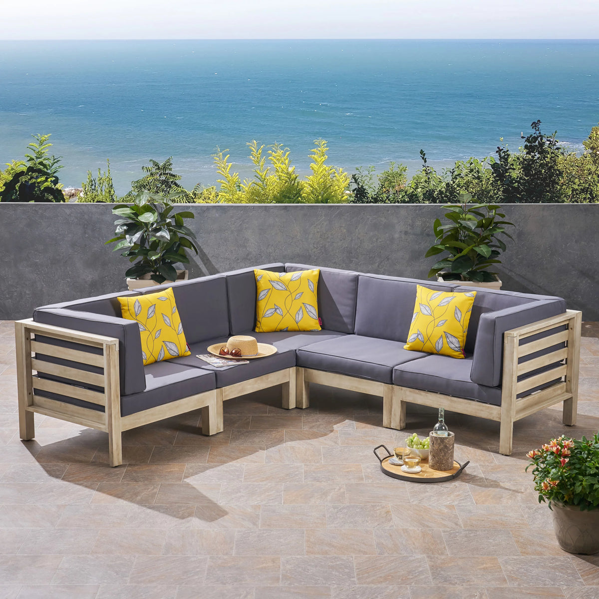 5 Piece Acacia Wood Sectional Sofa Set with Cushions T837307