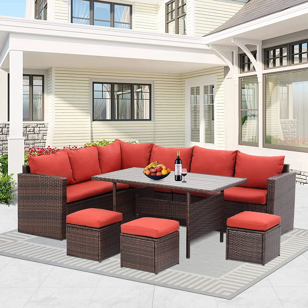 7 Pcs Outdoor Wicker Sofa Set with Table and Ottomans U9102