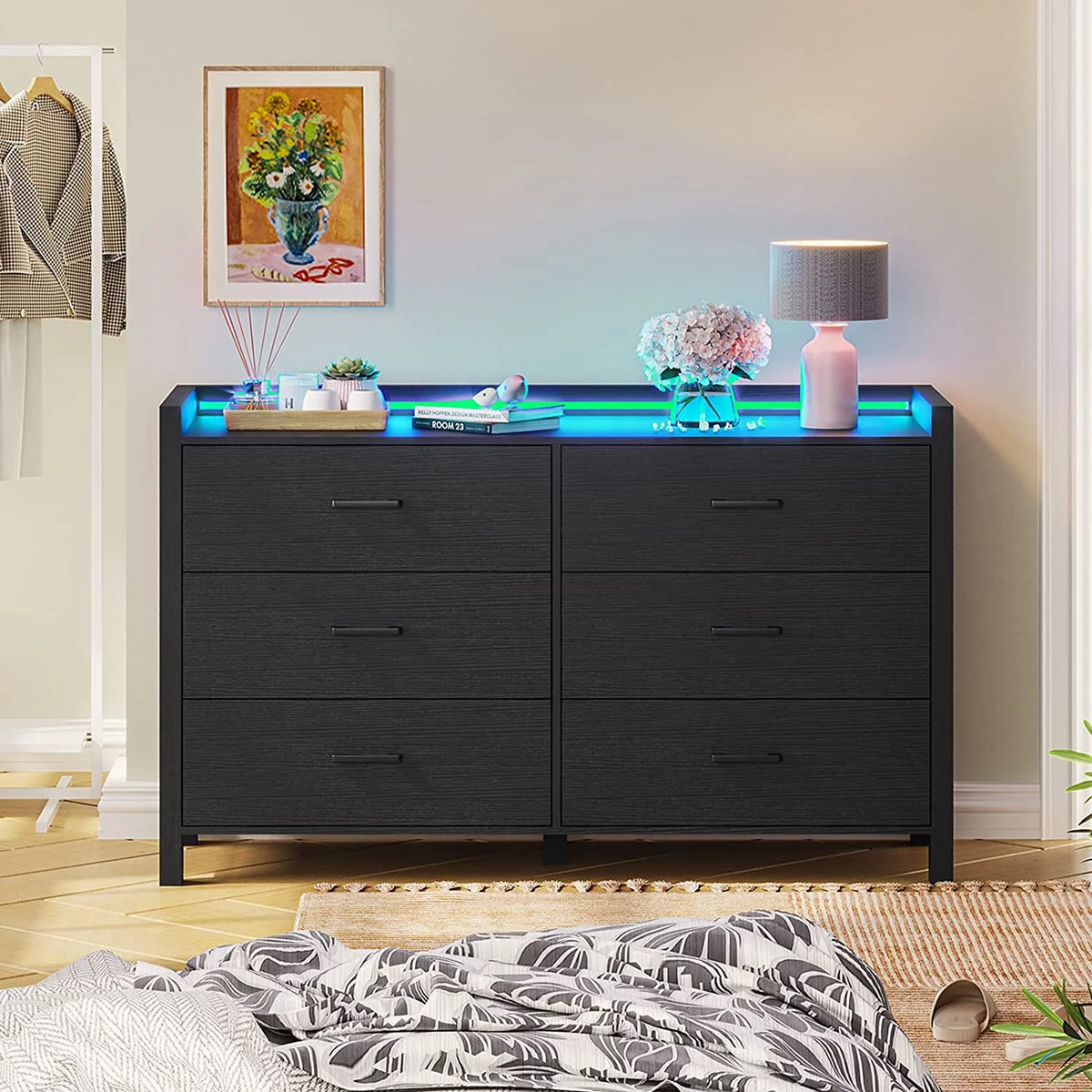 Black 6 Drawer Wood Dresser N7494